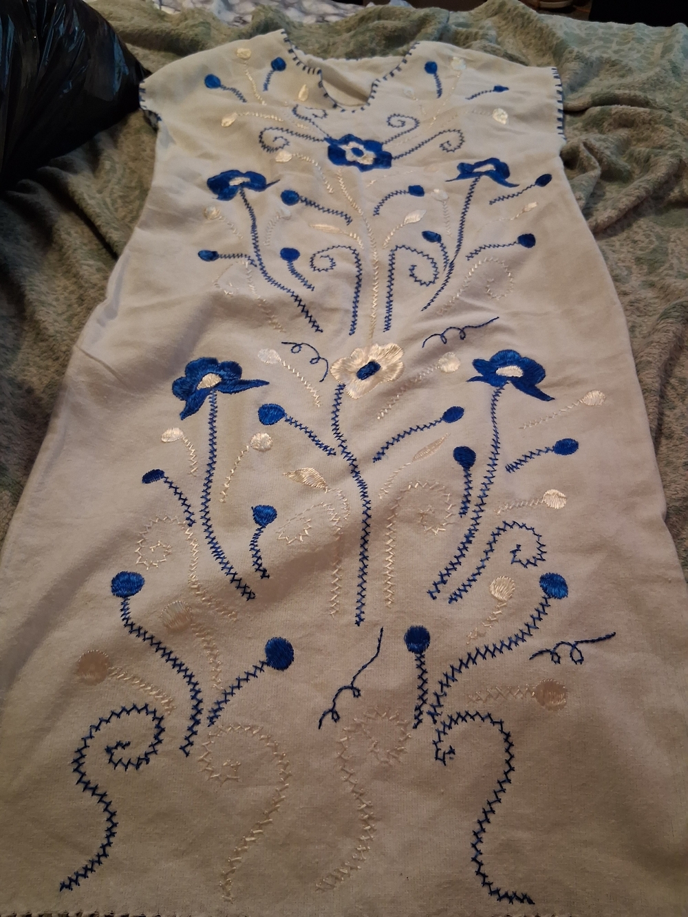 Vintage 1970 Oaxaca Mexican Puebla Dress Blue Floral Hand Embroidery Cotton Midi
